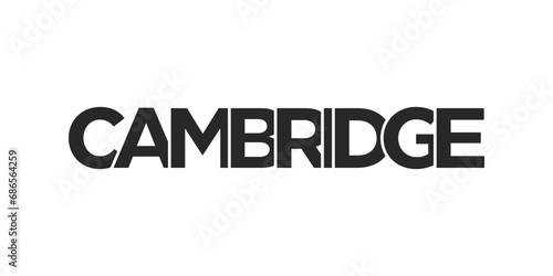 Cambridge city in the United Kingdom design features a geometric style illustration with bold typography in a modern font on white background.