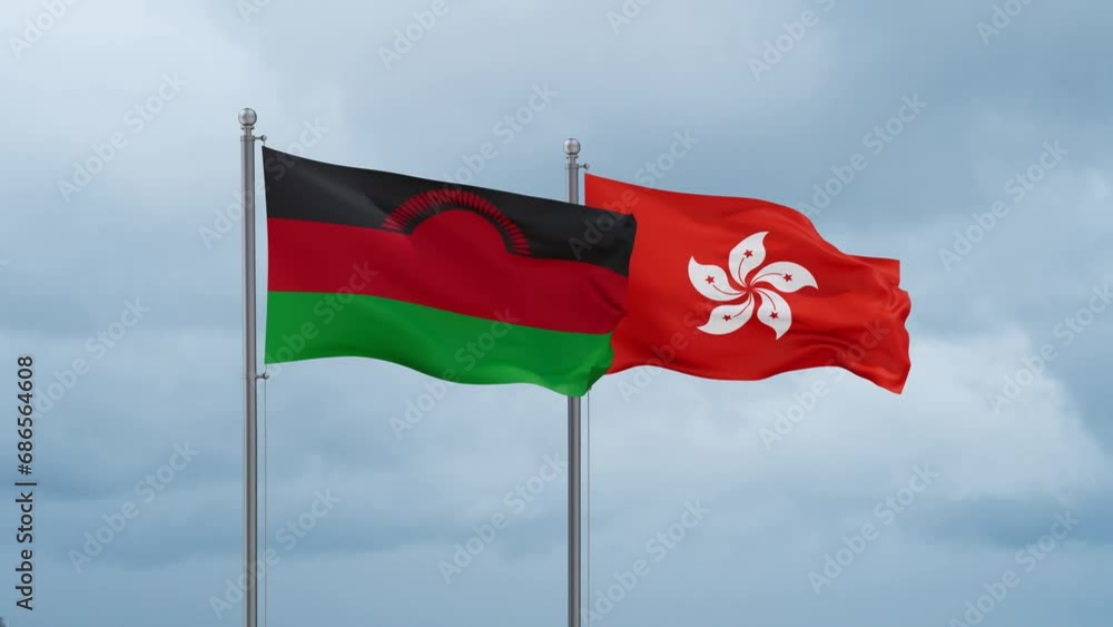 Hong Kong flag and Malawi flag waving together on cloudy sky, endless seamless loop, two country relations concept Hong Kong flag and Malawi flag waving together on cloudy sky, endless seamless loop, two country relations concept