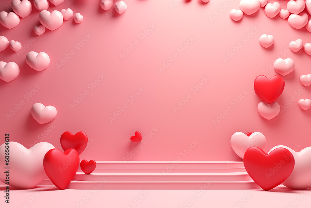 Valentine's day background with red and pink hearts like balloons and podium on pink background