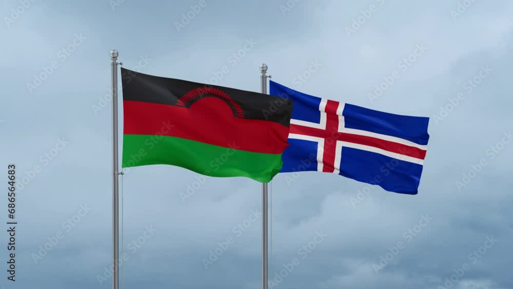 Iceland and Malawi flag waving together on cloudy sky, endless seamless loop, two country cooperation concept Iceland and Malawi flag waving together on cloudy sky, endless seamless loop, two country cooperation concept