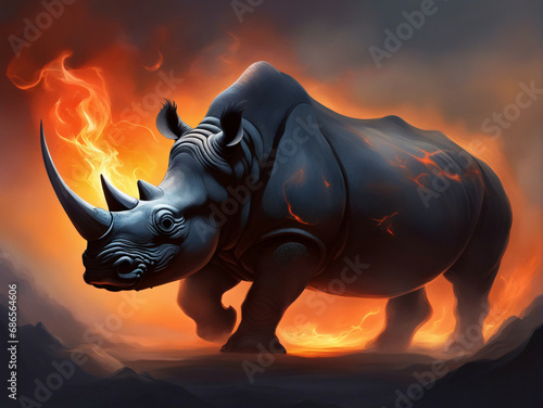 Rhinoceros surrounded by fire and smoke. © saurav005
