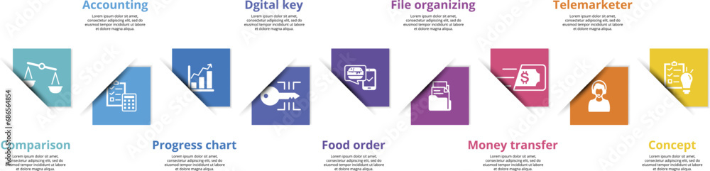 Fototapeta premium Infographics with Digital Service theme icons, 10 steps. Such as comparison, accounting, progress chart, digital key and more.