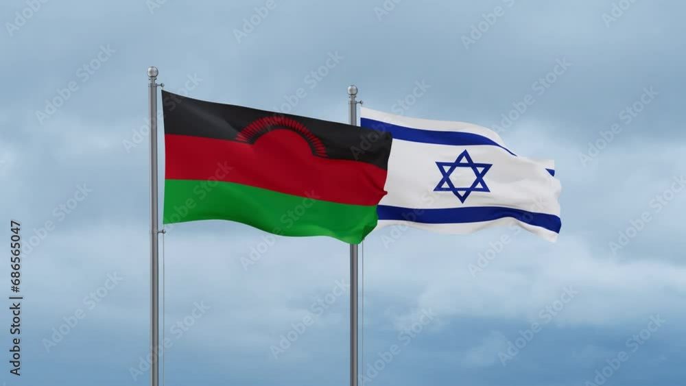 Israel flag and Malawi flag waving together on cloudy sky, endless seamless loop, two country relations concept Israel flag and Malawi flag waving together on cloudy sky, endless seamless loop, two country relations concept