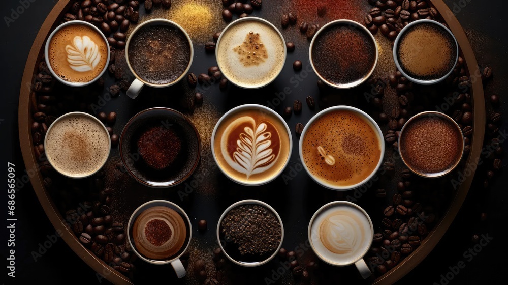 Dive into the world of coffee: An enticing aerial view capturing the diversity of coffee types, from rich espresso to frothy cappuccino. Dive into the world of coffee: An enticing aerial view capturing the diversity of coffee types, from rich espresso to frothy cappuccino.