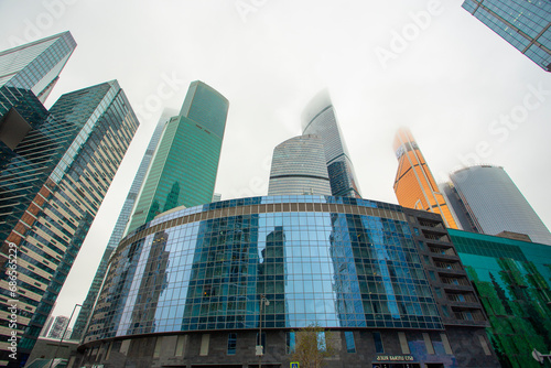 High-rise buildings in the fog in Moscow-City