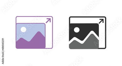 Image photo upscale enlarge icon ui element vector graphic, picture screen resize scale illustration simple symbol, pic size expand increase sign, thumbnail width height maximize clipart set flat