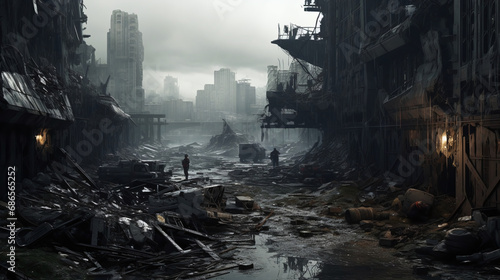 lifeless dark city ruins, dystopia