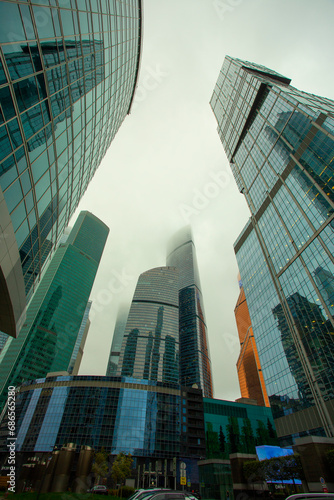 High-rise buildings in the fog in Moscow-City