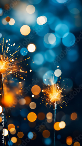 Close-up Sparkling Firework with Golden Sparks and Blue Bokeh Background Celebrating Festive Event and Excitement