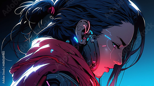 cyber tech style anime woman head in profile