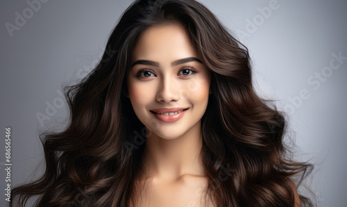 Confident Southeast Asian Woman with Long Hair Smiling on a White Background, Exemplifying Beauty and Positivity