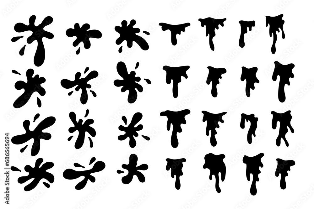 set of silhouettes of splash and dripping