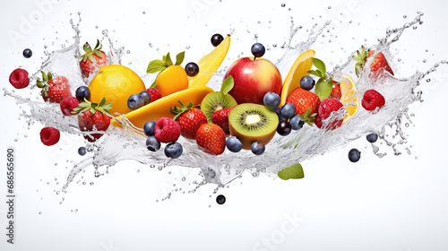 berries and fruits with water on white bg