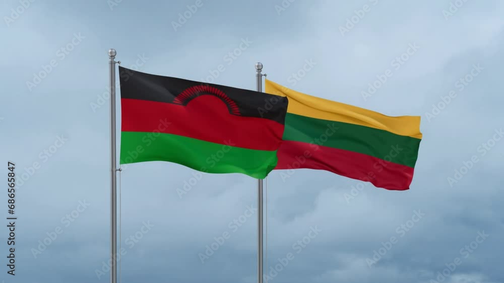 Lithuania flag and Malawi flag waving together on cloudy sky, endless seamless loop, two country relations concept Lithuania flag and Malawi flag waving together on cloudy sky, endless seamless loop, two country relations concept