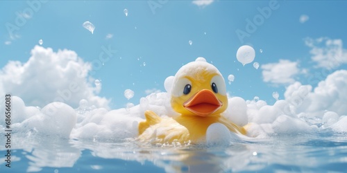 Bubbly Bath Delight: Playful Yellow Rubber Duck Swims with Joy Amidst Child's Head, Soap, and Foam