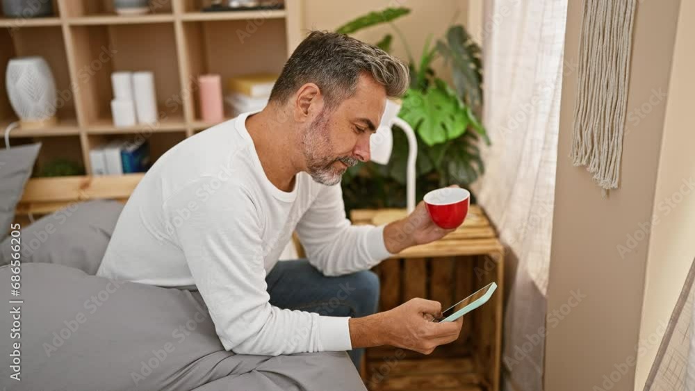 Young hispanic grey-haired man using smartphone drinking coffee sitting on bed at bedroom Young hispanic grey-haired man using smartphone drinking coffee sitting on bed at bedroom