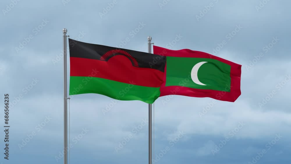 Maldives flag and Malawi flag waving together on cloudy sky, endless seamless loop, two country relations concept Maldives flag and Malawi flag waving together on cloudy sky, endless seamless loop, two country relations concept