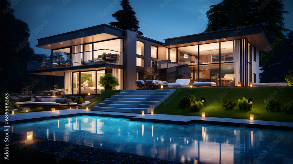  Modern house with garden at night. generative ai.