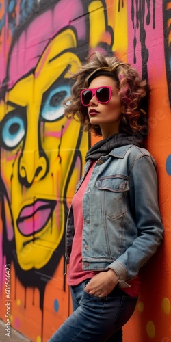 Fashionable young woman in sunglasses and denim jacket posing near graffiti wall. © olja