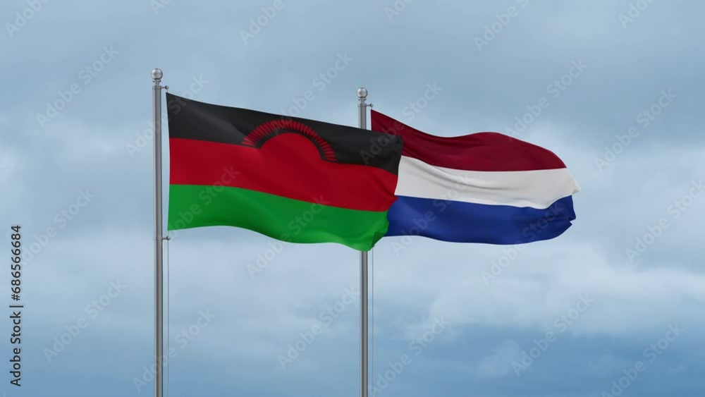 Netherlands flag and Malawi flag waving together on cloudy sky, endless seamless loop, two country relations concept Netherlands flag and Malawi flag waving together on cloudy sky, endless seamless loop, two country relations concept