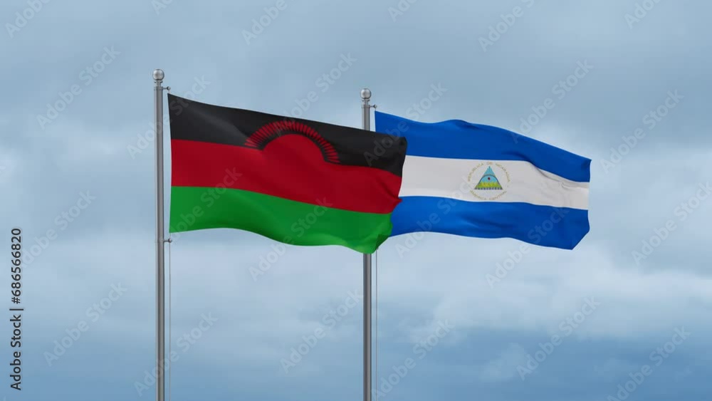 Nicaragua flag and Malawi flag waving together on cloudy sky, endless seamless loop, two country relations concept Nicaragua flag and Malawi flag waving together on cloudy sky, endless seamless loop, two country relations concept