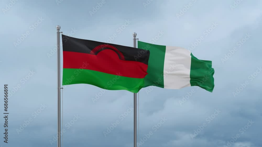 Nigeria flag and Malawi flag waving together on cloudy sky, endless seamless loop, two country relations concept Nigeria flag and Malawi flag waving together on cloudy sky, endless seamless loop, two country relations concept