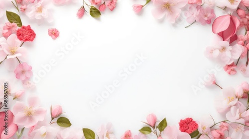 Captivating pink blooms: Our assorted floral frame on a clean white background is the perfect canvas for your text. © pvl0707