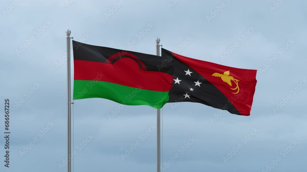 Papua New Guinea flag and Malawi flag waving together on cloudy sky, endless seamless loop, two country relations concept Papua New Guinea flag and Malawi flag waving together on cloudy sky, endless seamless loop, two country relations concept
