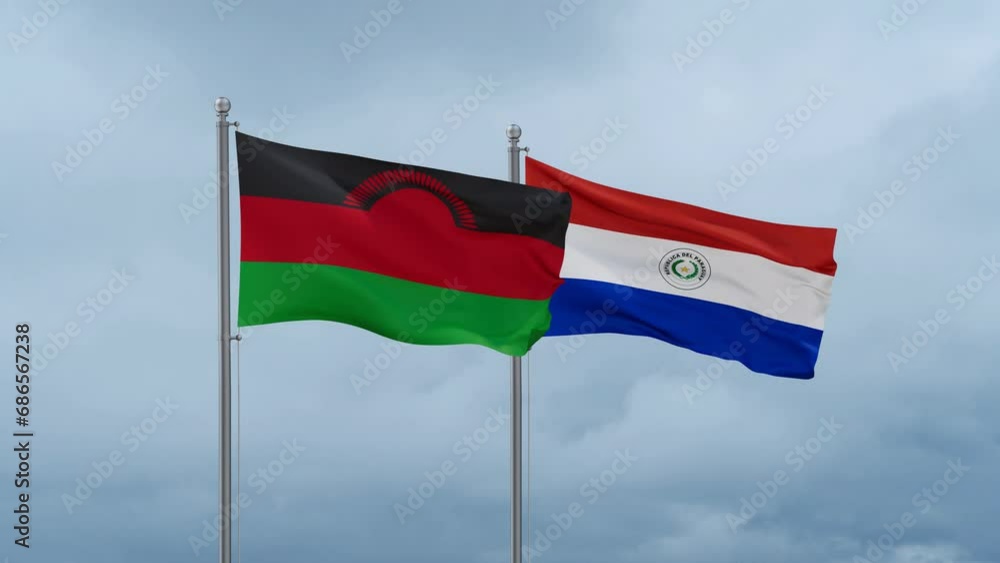 Paraguay flag and Malawi flag waving together on cloudy sky, endless seamless loop, two country relations concept Paraguay flag and Malawi flag waving together on cloudy sky, endless seamless loop, two country relations concept