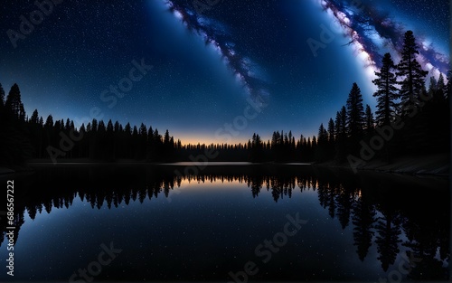 milkyway over the sky at the night and the reflection in the lake