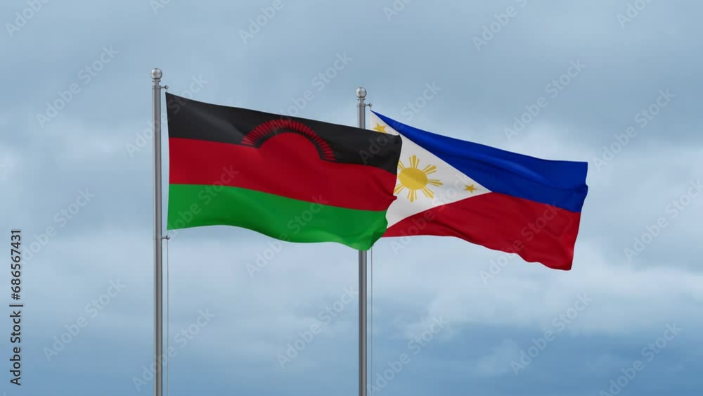 Philippines and Malawi flag waving together on cloudy sky, endless seamless loop, two country cooperation concept Philippines and Malawi flag waving together on cloudy sky, endless seamless loop, two country cooperation concept