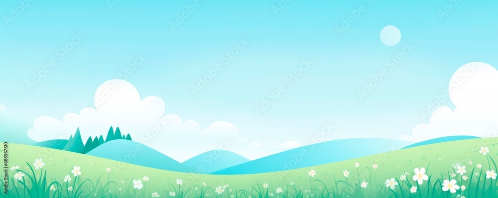 spring panorama landscape, blooming daisies,  flowers. green fields and mountains on a cloudy blue sky, meadows against the backdrop of hills. horizontal wallpaper or banner 
