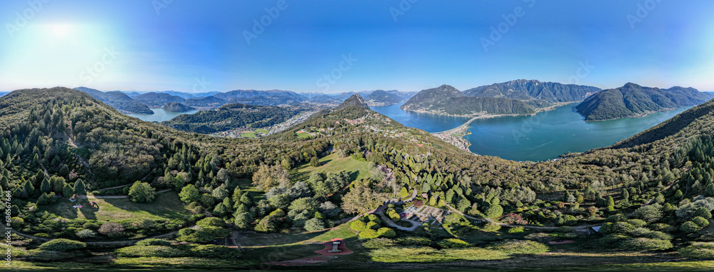 Drone view at the village of Carona on Switzerland