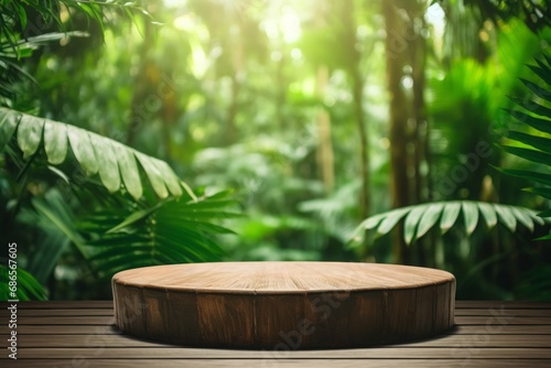 Wood podium outdoors with blur green monstera tropical forest plant, nature background