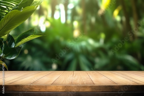 Wood podium outdoors with blur green monstera tropical forest plant  nature background