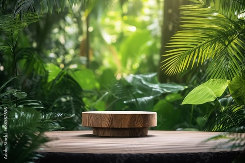Wood podium outdoors with blur green monstera tropical forest plant, nature background photo