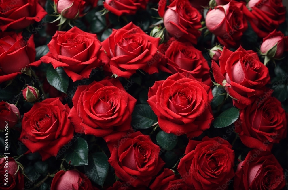 Obraz premium Beautiful red roses as background, top view. Valentine's Day celebration