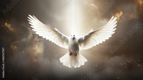 essence of freedom with our stunning image of a white dove in graceful flight. © pvl0707