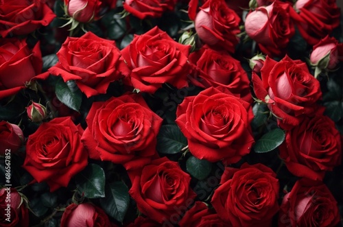 Beautiful red roses as background  top view. Valentine s Day celebration