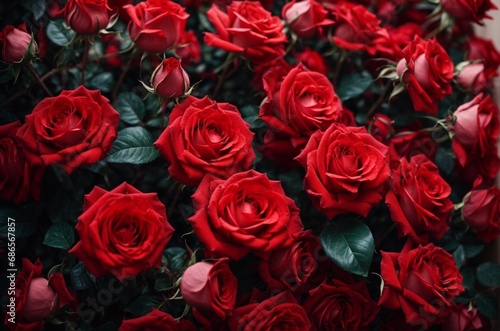 Beautiful red roses as background  top view. Valentine s Day celebration