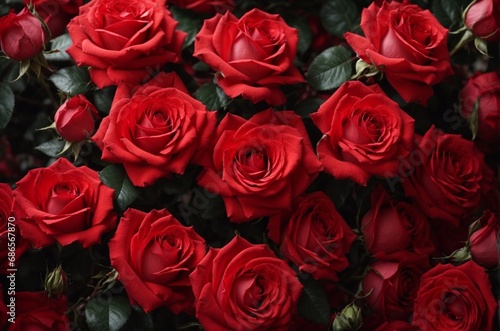 Beautiful red roses as background, top view. Valentine's Day celebration