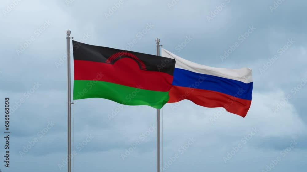 Russian Federation and Malawi flag waving together on cloudy sky, endless seamless loop Russian Federation and Malawi flag waving together on cloudy sky, endless seamless loop