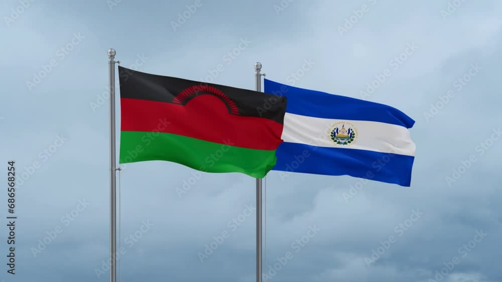 Republic of El Salvador and Malawi flag waving together on cloudy sky, endless seamless loop, two country cooperation concept Republic of El Salvador and Malawi flag waving together on cloudy sky, endless seamless loop, two country cooperation concept