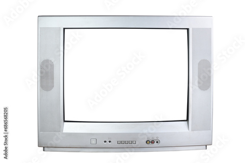 Old silver TV isolated on white background. Retro technology concept. Blank screen for text.Vintage TVs 1980s 1990s 2000s. 