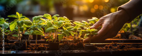 Hands nurturing young plants in a greenhouse with warm sunlight, symbolizing growth, sustainability, and eco-friendly agriculture practices photo