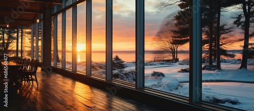 Winter sunset blurs seen through windows