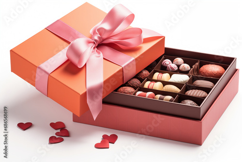 Handmade chocolate chocolates in an open square red gift box on a white background. Generative AI