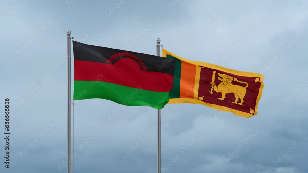 Sri Lanka and Malawi flag waving together on cloudy sky, endless seamless loop, two country cooperation concept Sri Lanka and Malawi flag waving together on cloudy sky, endless seamless loop, two country cooperation concept