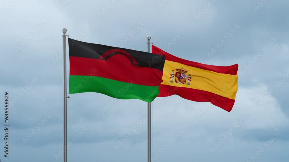 Spain and Malawi flag waving together on cloudy sky, endless seamless loop, two country cooperation concept Spain and Malawi flag waving together on cloudy sky, endless seamless loop, two country cooperation concept