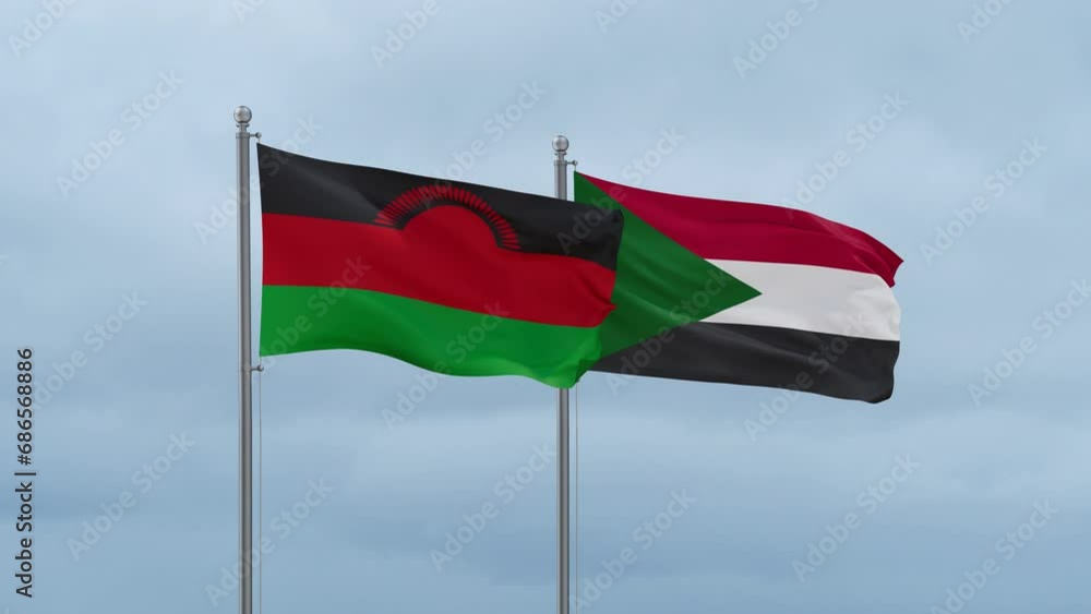 Sudan and Malawi flag waving together on cloudy sky, endless seamless loop, two country cooperation concept Sudan and Malawi flag waving together on cloudy sky, endless seamless loop, two country cooperation concept